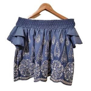 JJ's Fairyland Blouse Womens Size Medium Blue Off the Shoulder Crochet Boho Top